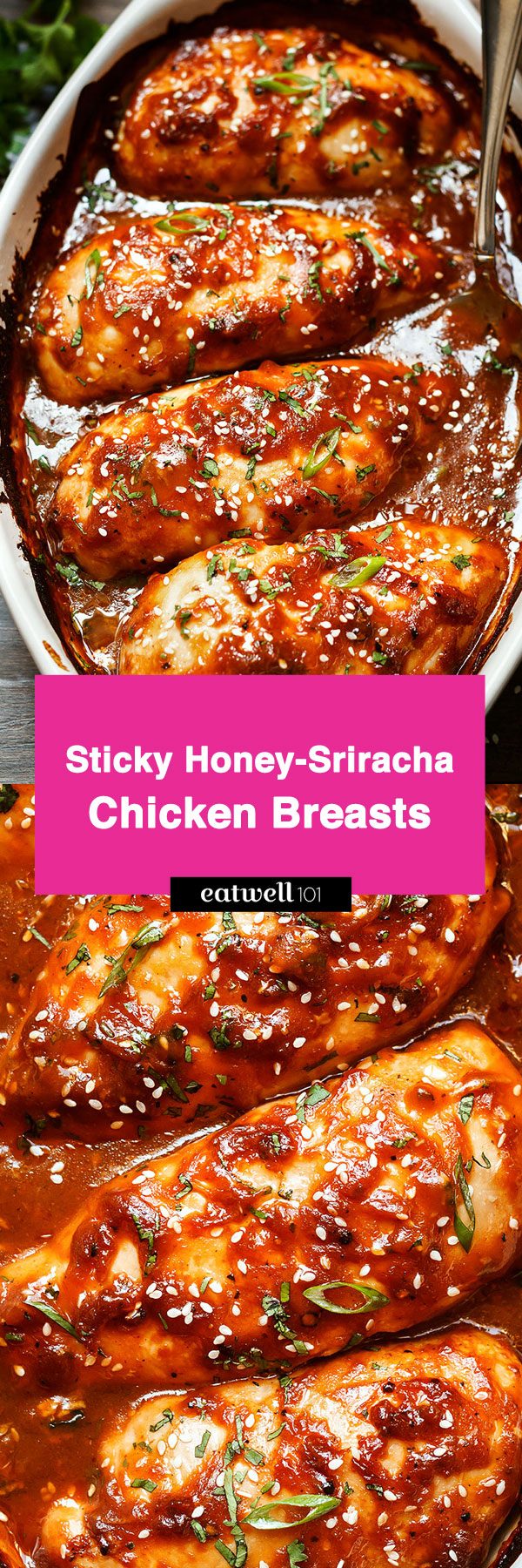 Baked Chicken Breasts with Sticky Honey Sriracha Sauce — Bursting with flavor and perfectly juicy. Say goodbye to bland, and dry oven baked chicken!