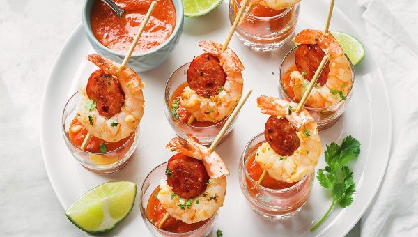 Shrimp and Chorizo Appetizers with Roasted Pepper Soup - #recipe by #eatwell101 - https://www.eatwell101.com/shrimp-chorizo-appetizers