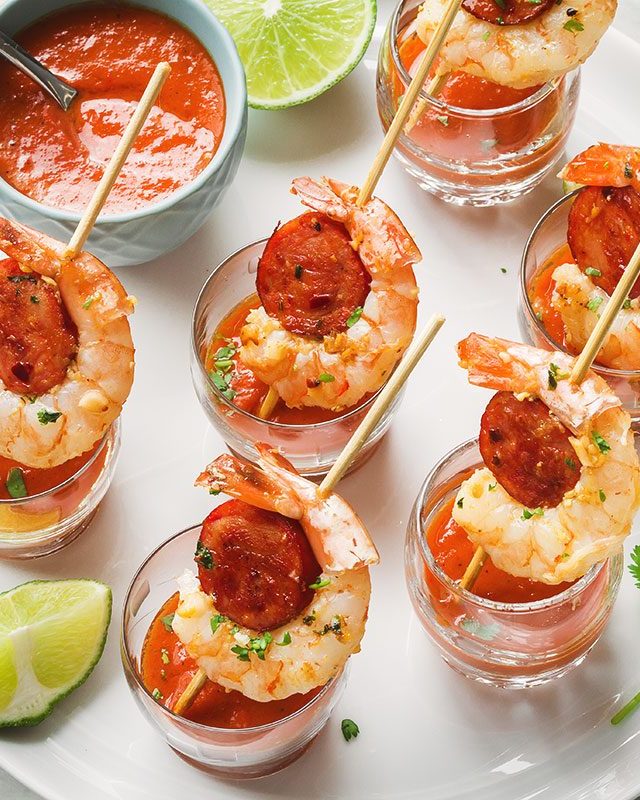 Shrimp and Chorizo Appetizers with Roasted Pepper Soup - #recipe by #eatwell101 - https://www.eatwell101.com/shrimp-chorizo-appetizers