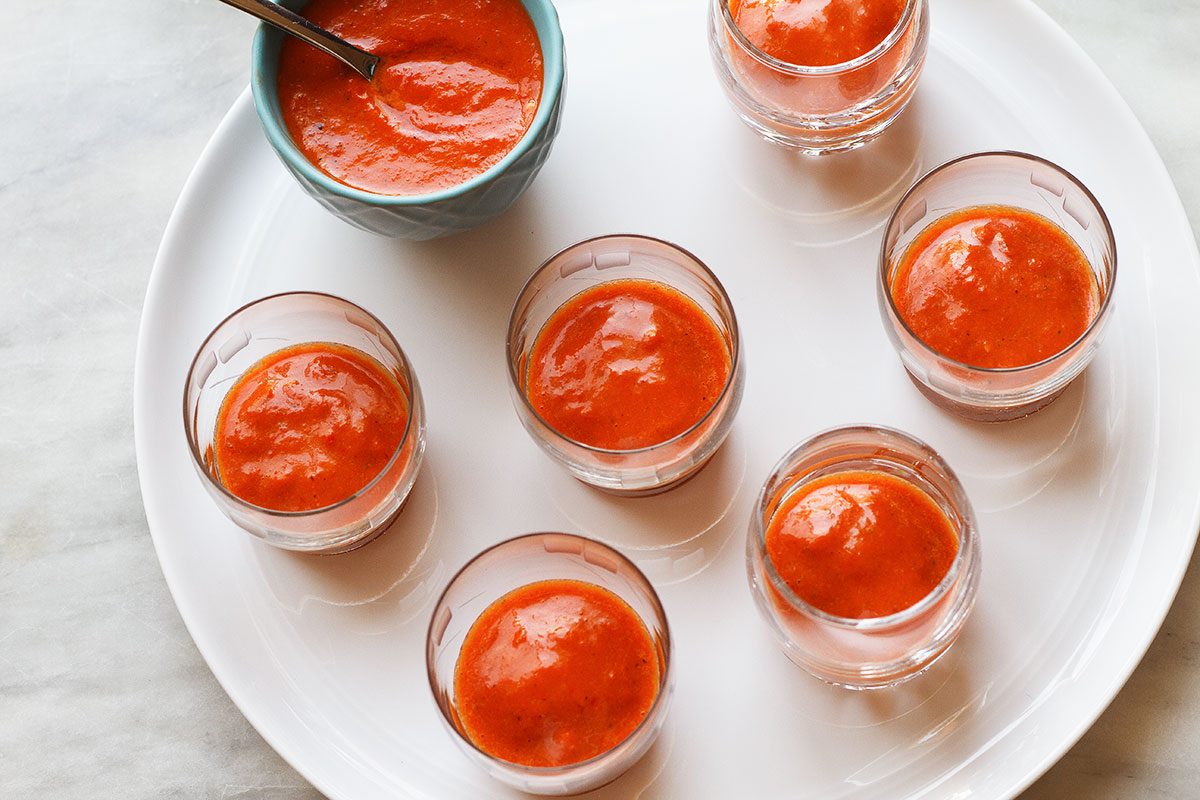 Shrimp and Chorizo Appetizers with Roasted Pepper Soup — These punchy and flavorful skewers are perfect as a party appetizer.
