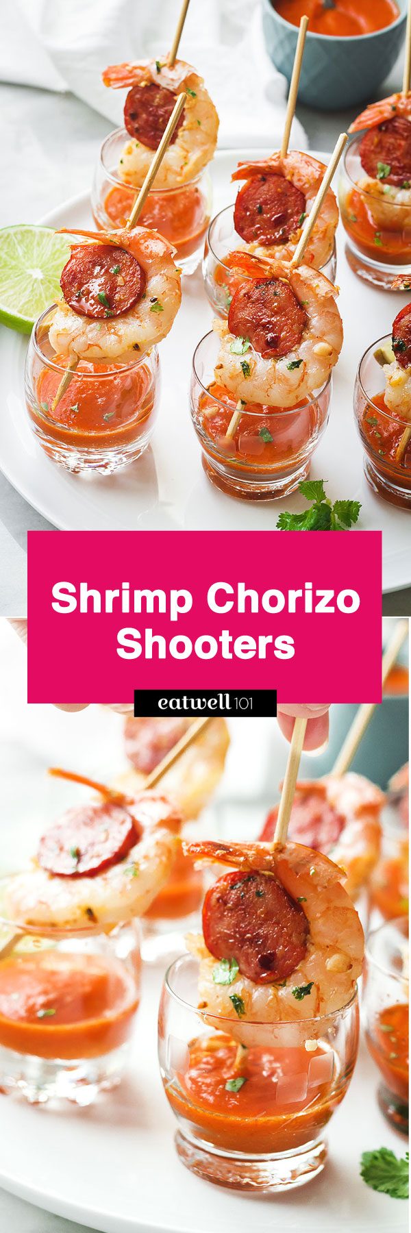 Shrimp and Chorizo Appetizers with Roasted Pepper Soup — These punchy and flavorful skewers are perfect as a party appetizer.