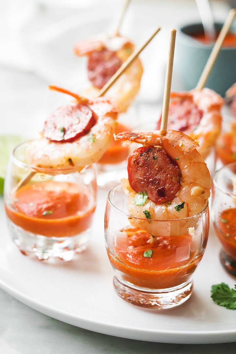Shrimp and Chorizo Appetizers with Roasted Pepper Soup — These punchy and flavorful skewers are perfect as a party appetizer.