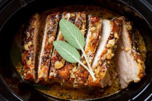 Creamy Garlic Pork Loin in Crockpot — Easy, comforting and tender pork loin in crockpot with the creamiest garlic sauce ever.