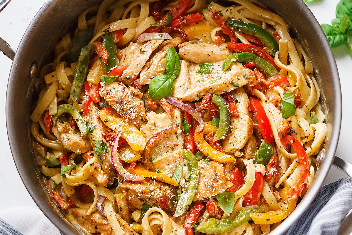 Chicken Pasta in Creamy Pesto Sun-Dried Tomato Sauce