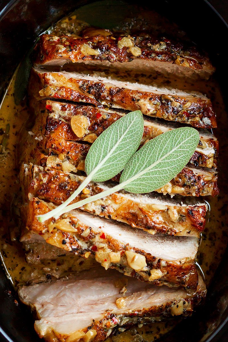 Creamy Garlic Pork Loin in Crockpot — #eatwell101 #recipe #crockpot #slowcooker #keto #lowcarb - Easy, comforting and tender pork loin in crockpot with the creamiest garlic sauce ever.