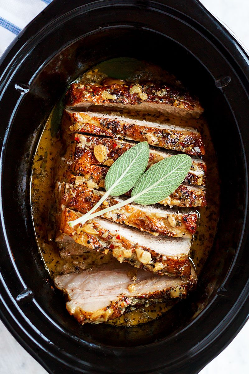 Crockpot Creamy Garlic Pork Loin - #recipe by #eatwell101 - https://www.eatwell101.com/crockpot-pork-loin-recipe