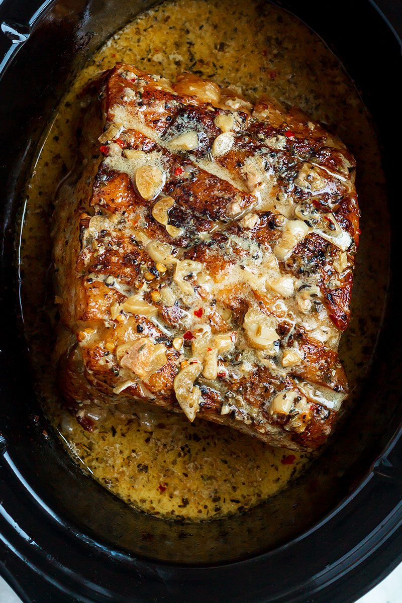 Creamy Garlic Pork Loin in Crockpot — #eatwell101 #recipe #crockpot #slowcooker #keto #lowcarb - Easy, comforting and tender pork loin in crockpot with the creamiest garlic sauce ever.