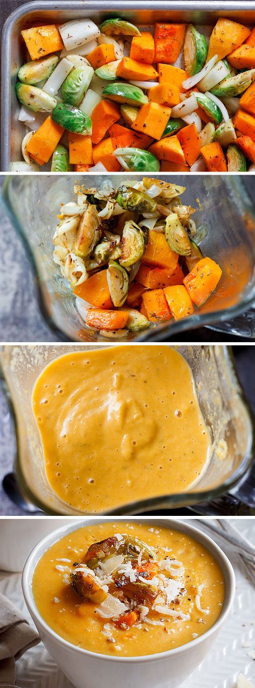 Roasted Butternut Squash and Brussels Sprouts Soup - Incredibly delicious, comforting, and healthy soup for cold winter nights.