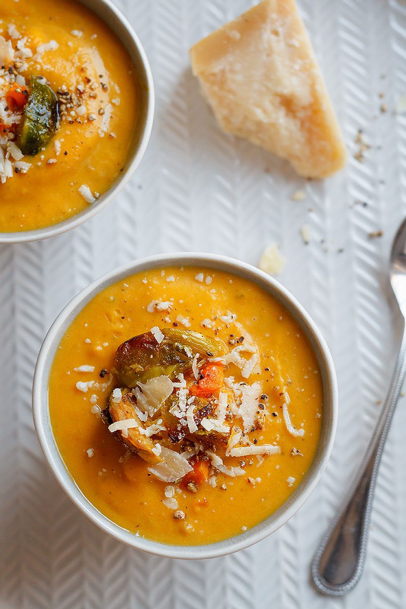 Roasted Butternut Squash and Brussels Sprouts Soup - Incredibly delicious, comforting, and healthy soup for cold winter nights.