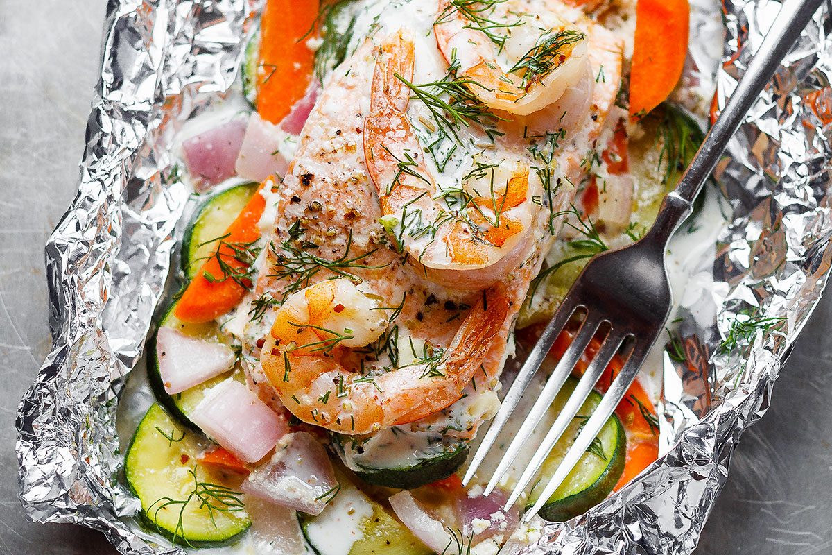 Creamy Shrimp and Salmon Foil Packs