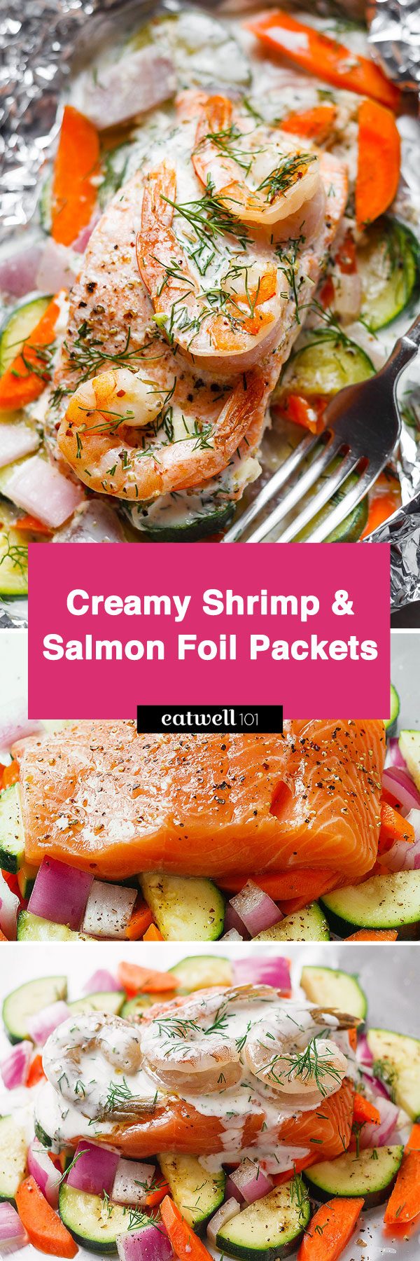Creamy Shrimp and Salmon Foil Packets - Say hello to the easiest way to make salmon in foil packets!