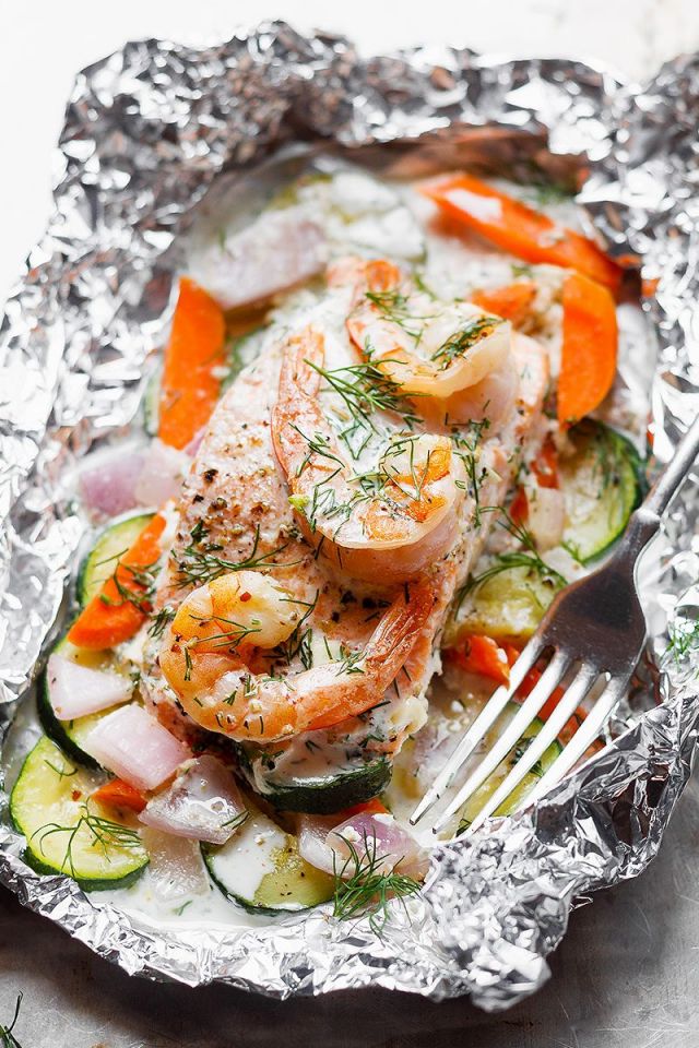 Creamy Shrimp and Salmon Foil Packs