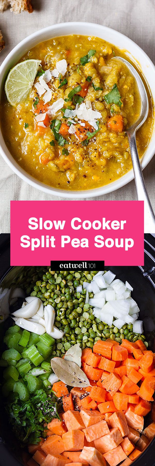 Slow Cooker Split Pea Soup - An easy, creamy soup with tons of flavor. Perfect for a vegan or vegetarian-friendly dinner!