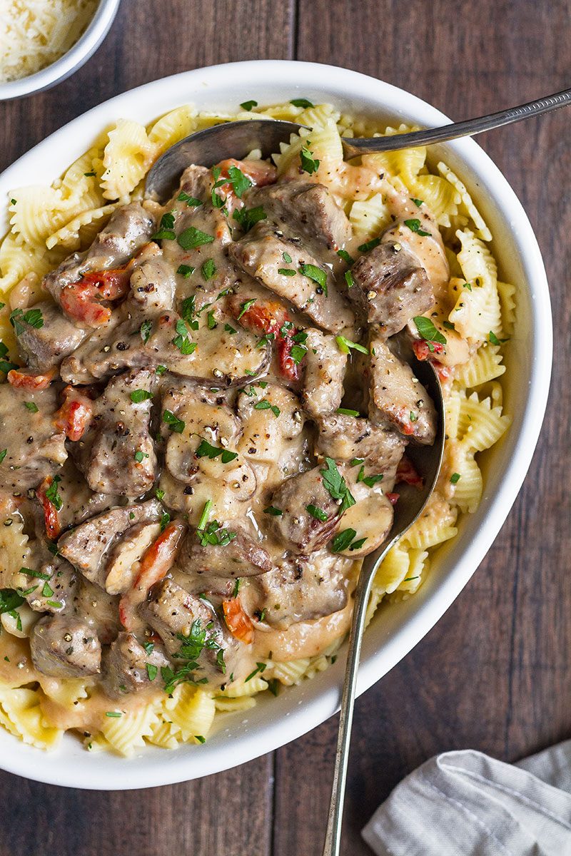 Beef Stroganoff – Delicious and nourishing slices of beef cooked with an amazing creamy mushroom and sun-dried tomato sauce.