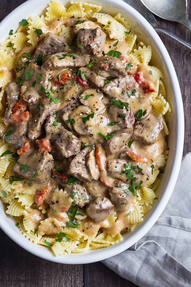 Beef Stroganoff – Delicious and nourishing slices of beef cooked with an amazing creamy mushroom and sun-dried tomato sauce.