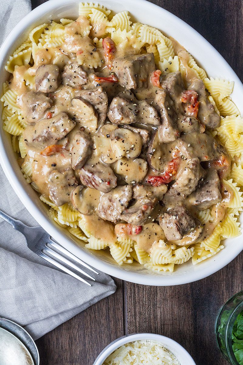 Beef Stroganoff – Delicious and nourishing slices of beef cooked with an amazing creamy mushroom and sun-dried tomato sauce.