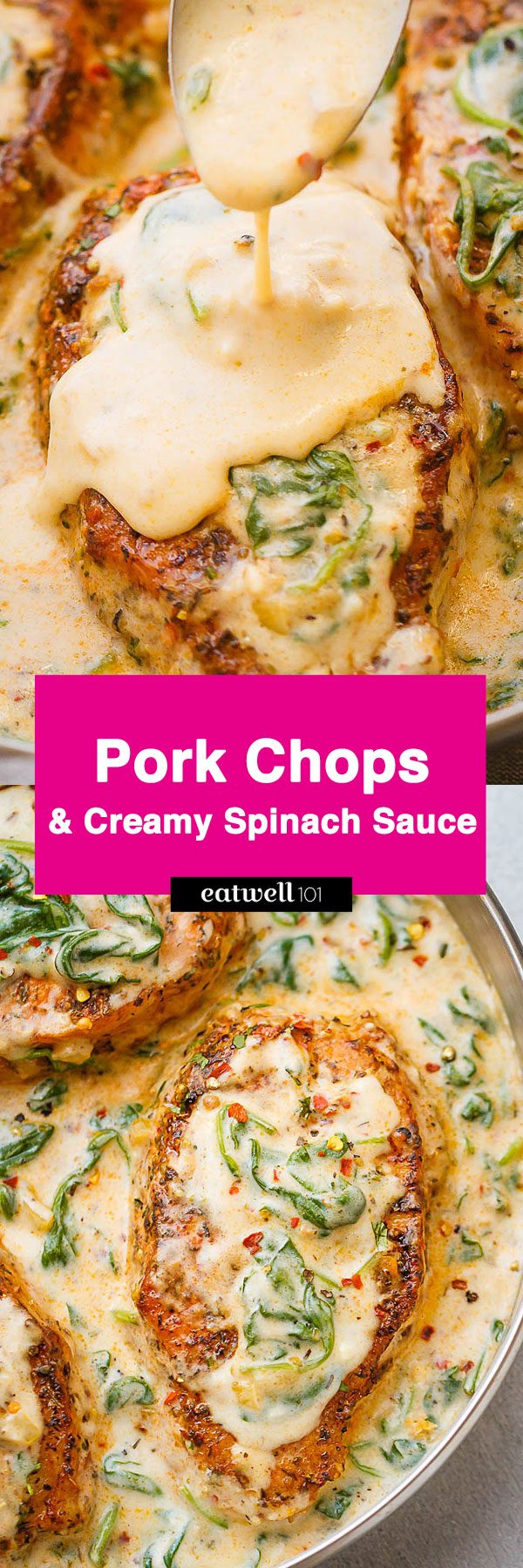 Boneless Pork Chops Recipe with Garlic Butter Spinach Sauce — #eatwell101 #recipe Packed with flavor, a perfect meal for all of your family and friends to enjoy! Boneless #Pork Chops with #Garlic #Butter #Spinach #Sauce #PorkChops #dinner