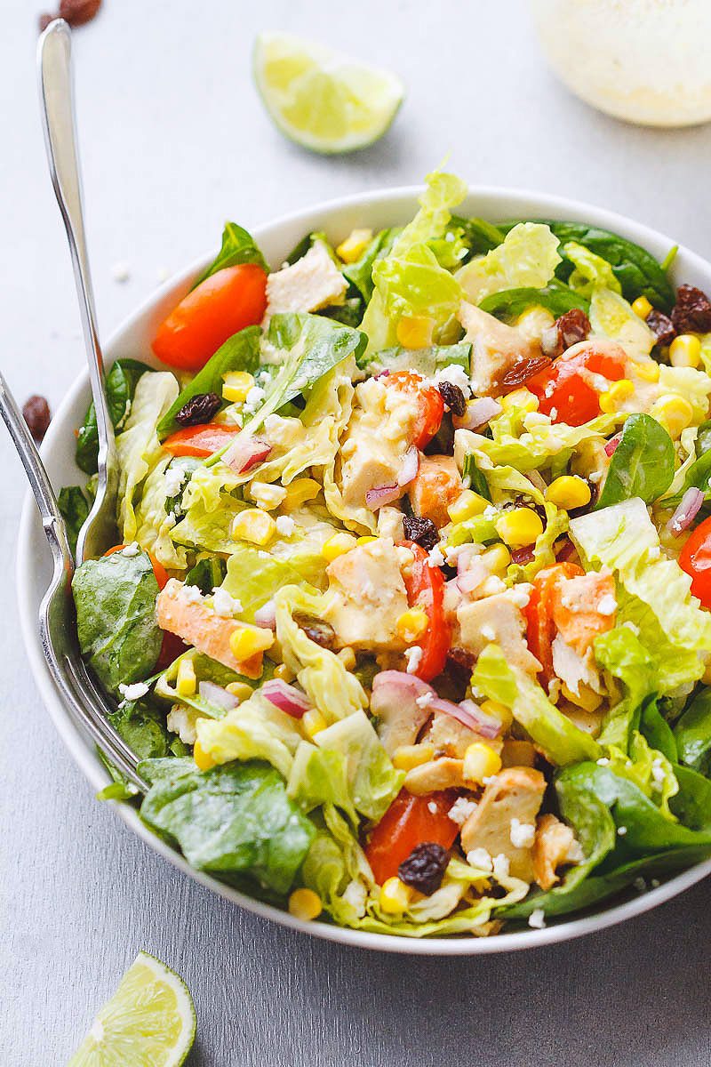 Chicken Salad with Toasted Corn, Spinach and Feta - Light, delicious, and perfect for a lunch on-the-go.