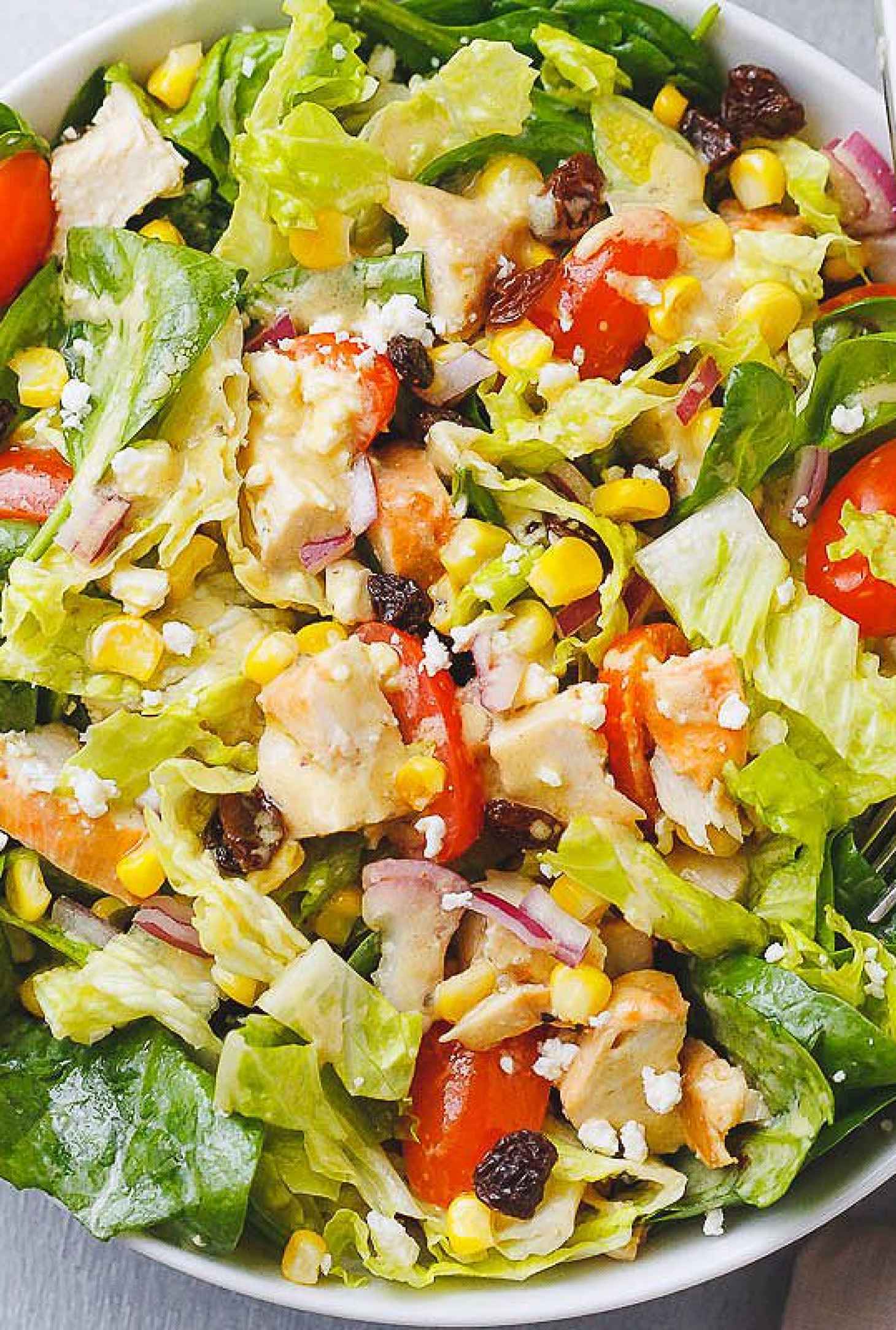 Spinach Corn + Feta Chicken Salad - #recipe by #eatwell101 - https://www.eatwell101.com/chicken-salad-recipe