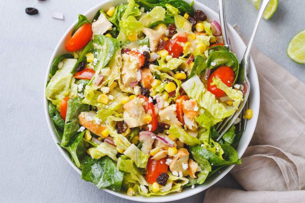 Spinach Corn + Feta Chicken Salad via Eat Well 101
