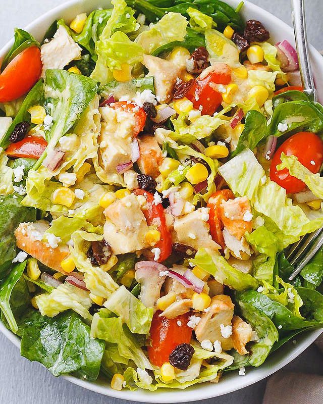 Spinach Corn + Feta Chicken Salad - #recipe by #eatwell101 - https://www.eatwell101.com/chicken-salad-recipe