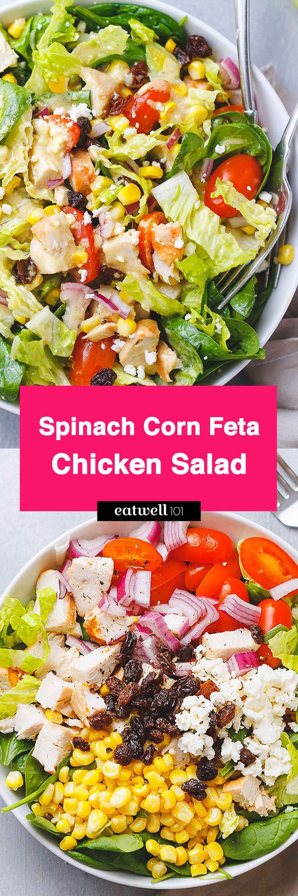 Chicken Salad with Toasted Corn, Spinach and Feta - #chicken #salad #recipe #eatwell101 - Light, delicious, and perfect for a lunch on-the-go.