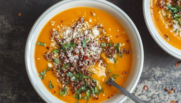 Creamy Sweet Potato Coconut Soup with Quinoa - #recipe by #eatwell101 - https://www.eatwell101.com/sweet-potato-soup-recipe