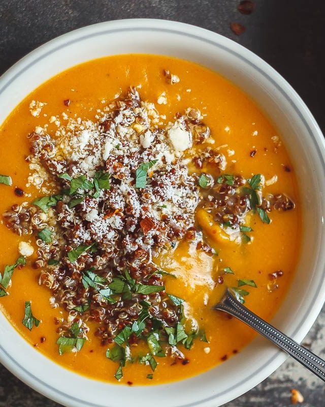 Creamy Sweet Potato Coconut Soup with Quinoa - #recipe by #eatwell101 - https://www.eatwell101.com/sweet-potato-soup-recipe