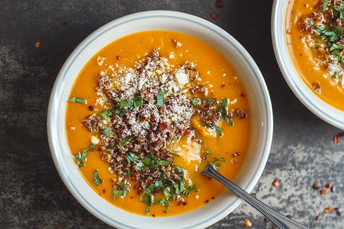 Creamy Sweet Potato Coconut Soup with Quinoa