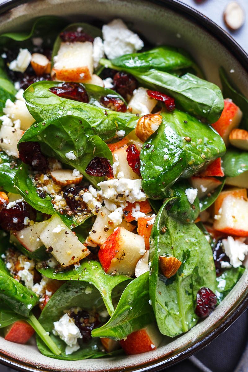 Apple Almond Feta Spinach Salad - Crunchy, sweet and easy to make, this healthy spinach salad is full of fresh flavors.