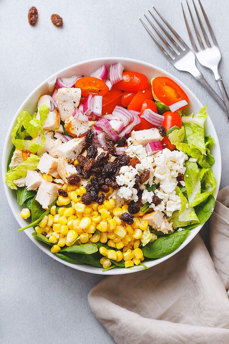 Chicken Salad with Toasted Corn, Spinach and Feta - Light, delicious, and perfect for a lunch on-the-go.