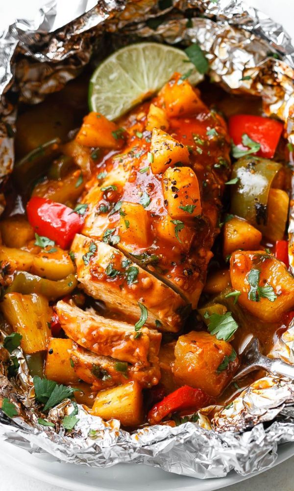 Pineapple BBQ Baked Chicken Foil Packets in Oven