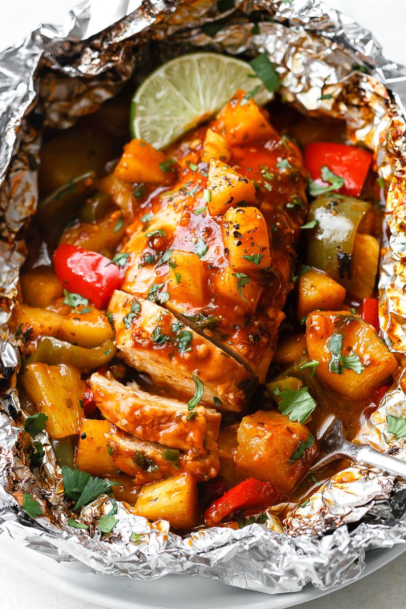 Pineapple BBQ Baked Chicken Foil Packets in Oven
