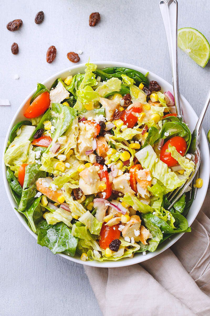 Chicken Salad Recipe with Toasted Corn, Spinach and Feta – Healthy