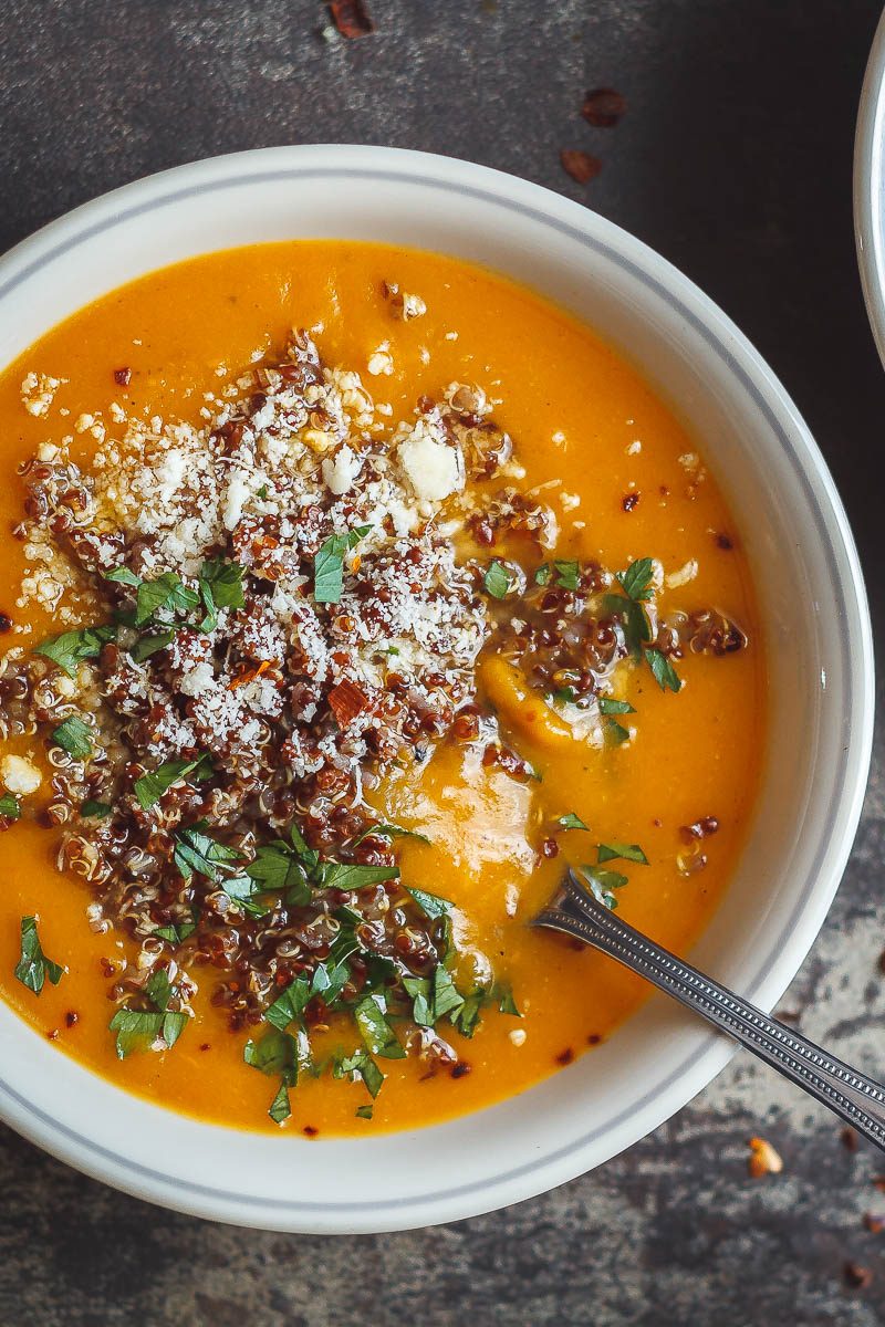 Creamy Sweet Potato Coconut Soup with Quinoa - Rich, healthy and satisfying. A complete dinner in one bowl.