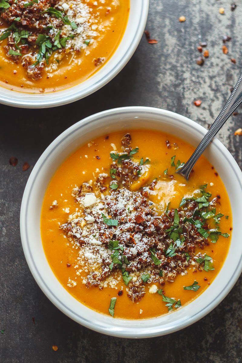 Creamy Sweet Potato Coconut Soup with Quinoa - Rich, healthy and satisfying. A complete dinner in one bowl.