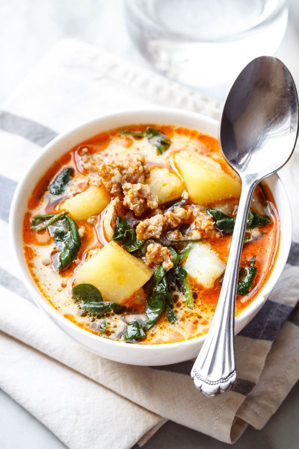 Potato Spinach Sausage Soup (Instant Pot) - #recipe by #eatwell101 - https://www.eatwell101.com/instant-pot-potato-soup-recipe