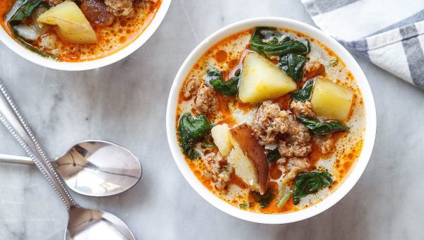 Potato Spinach Sausage Soup (Instant Pot) - #recipe by #eatwell101 - https://www.eatwell101.com/instant-pot-potato-soup-recipe