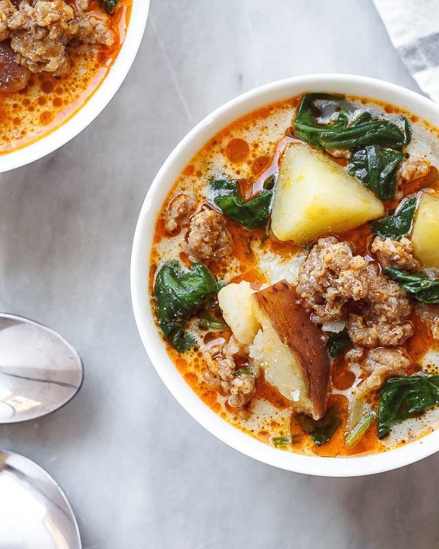 Potato Spinach Sausage Soup (Instant Pot) - #recipe by #eatwell101 - https://www.eatwell101.com/instant-pot-potato-soup-recipe