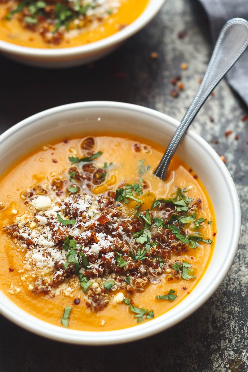 Creamy Sweet Potato Coconut Soup with Quinoa - Rich, healthy and satisfying. A complete dinner in one bowl.
