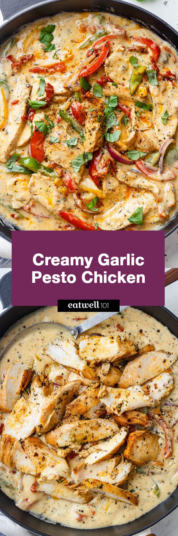 Creamy Garlic Pesto Chicken Recipe - #eatwell101 #recipe This #stir-fry #chicken with #pesto, #sun-dried #tomatoes and bell #peppers in a #creamy #garlic sauce is simply amazing. 