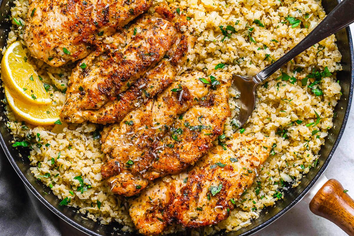 15-Minute Garlic Butter Chicken with Parmesan Cauliflower Rice