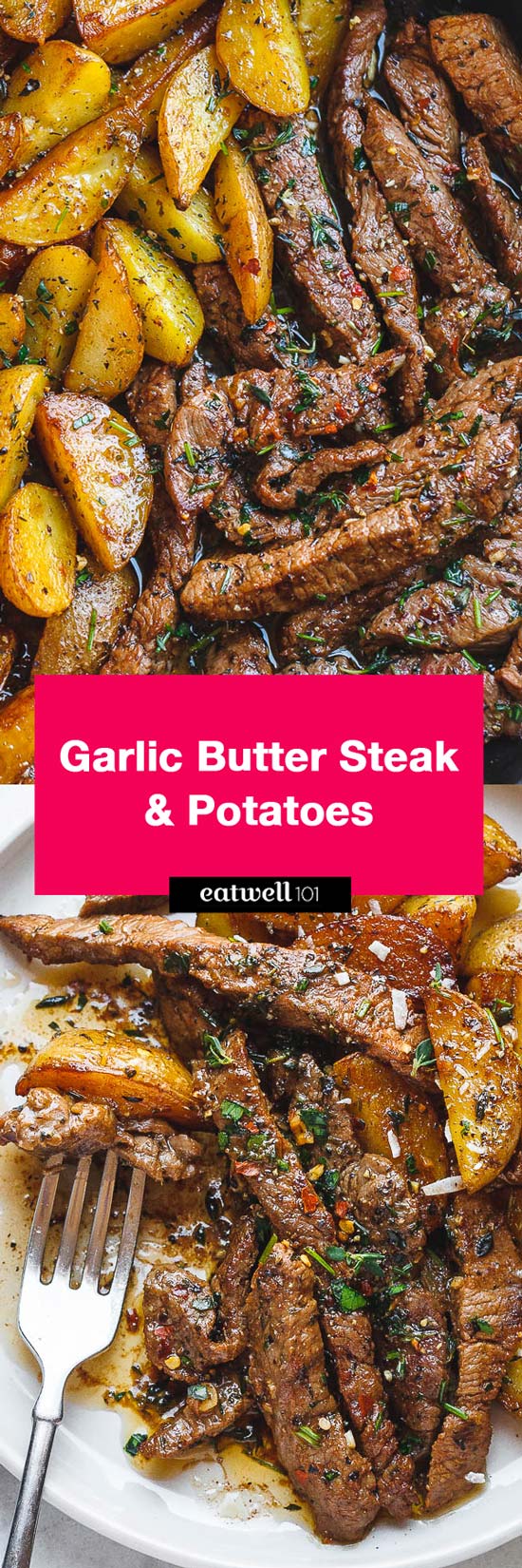 Garlic Butter Steak and Potatoes Skillet -  #eatwell101 #recipe This easy one-pan recipe is SO simple, and SO flavorful. The best steak and potatoes you'll ever have! #Garlic #Butter #Steak and #Potatoes #Skilletrecipe #onepan 