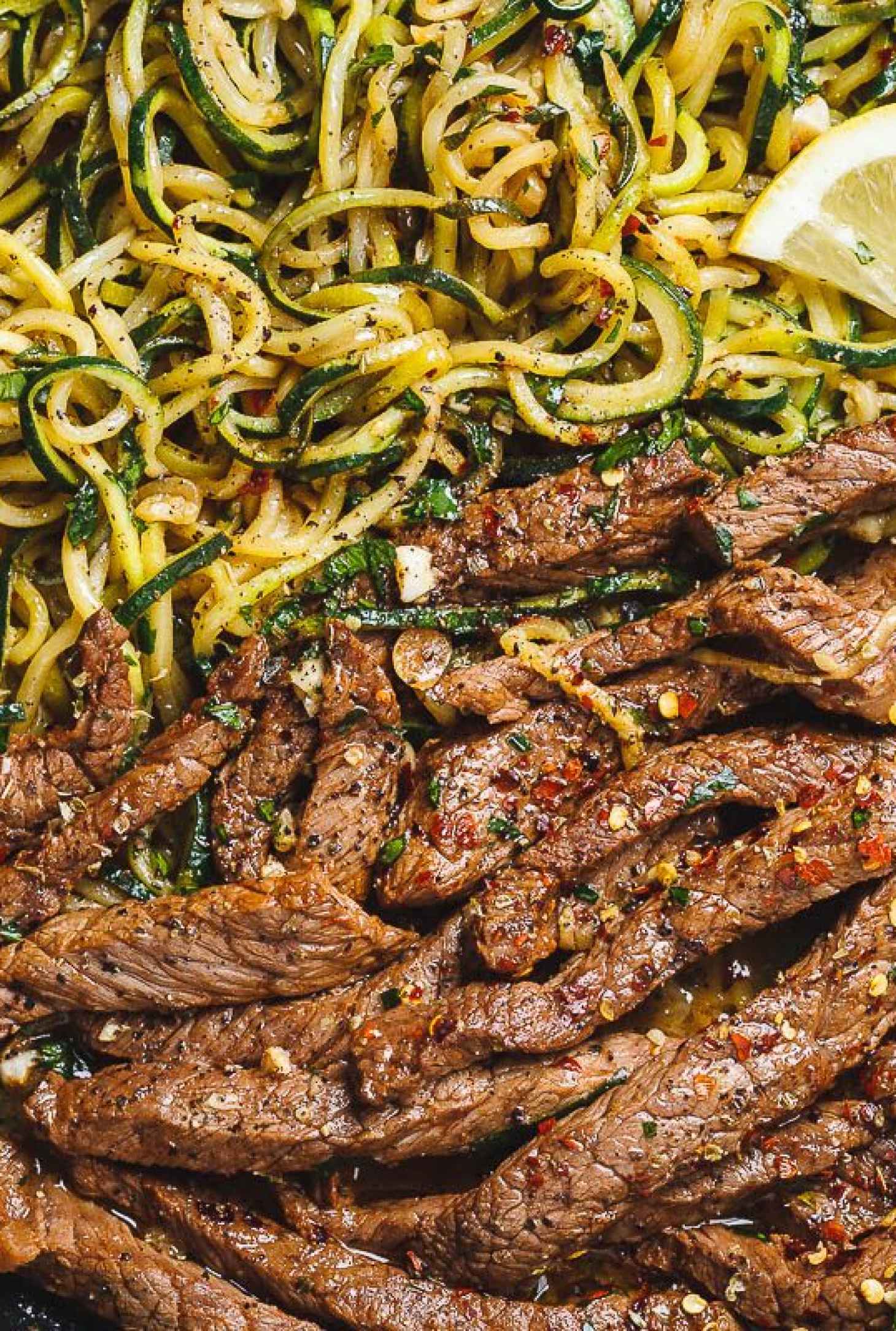 15-Minute Lemon Garlic Butter Steak with Zucchini Noodles - #recipe by #eatwell101 - https://www.eatwell101.com/garlic-butter-steak-and-zucchini-noodles-recipe