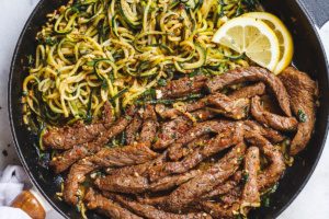 One-Pan Steak and Zucchini Noodles — Delicious juicy marinated steak and zucchini noodles, so much flavor and nearly IMPOSSIBLE to mess up!