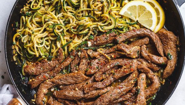15-Minute Lemon Garlic Butter Steak with Zucchini Noodles - #recipe by #eatwell101 - https://www.eatwell101.com/garlic-butter-steak-and-zucchini-noodles-recipe