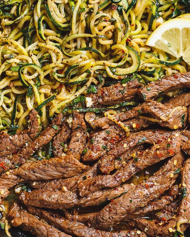 15-Minute Lemon Garlic Butter Steak with Zucchini Noodles - #recipe by #eatwell101 - https://www.eatwell101.com/garlic-butter-steak-and-zucchini-noodles-recipe