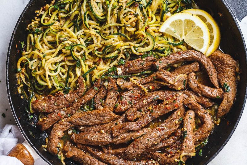 15-Minute Lemon Garlic Butter Steak with Zucchini Noodles - #recipe by #eatwell101 - https://www.eatwell101.com/garlic-butter-steak-and-zucchini-noodles-recipe