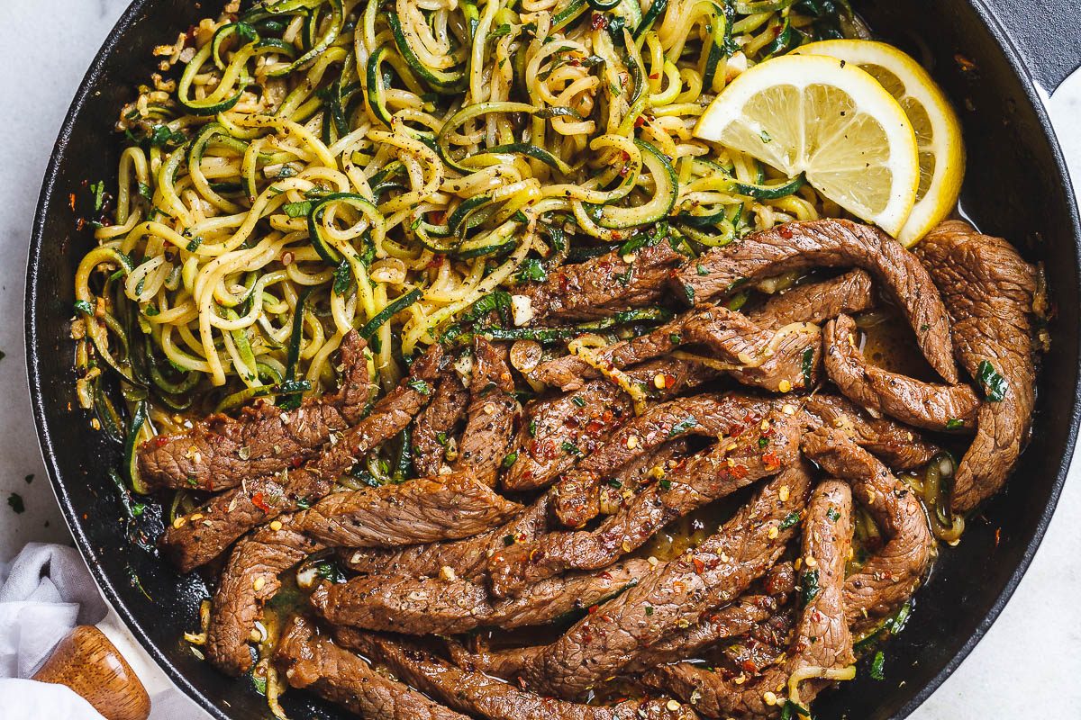 15-Minute Lemon Garlic Butter Steak with Zucchini Noodles