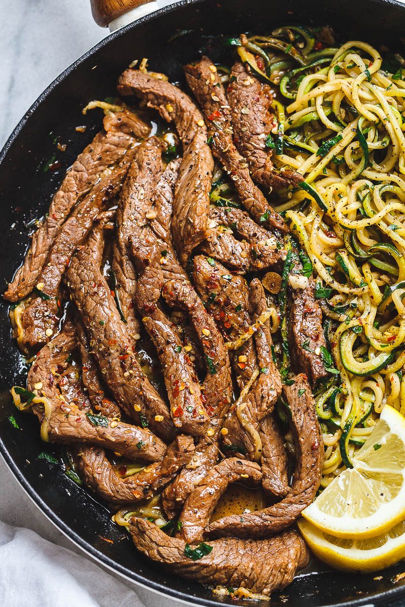 15-Minute Garlic Butter Steak with Zucchini Noodles — Delicious juicy marinated steak and zucchini noodles, so much flavor and nearly IMPOSSIBLE to mess up!